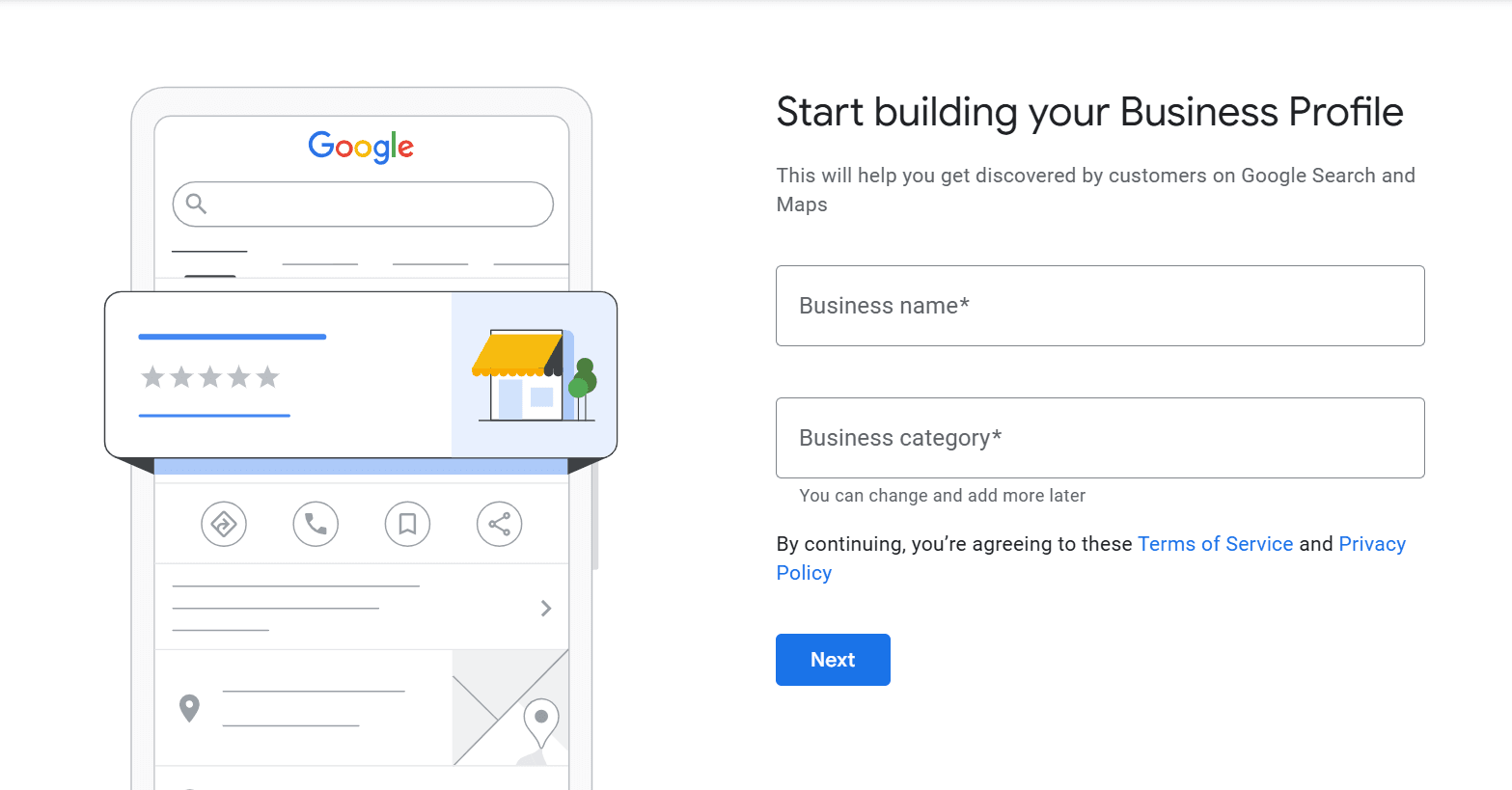 A screenshot of the Google Business Profile sign up page
