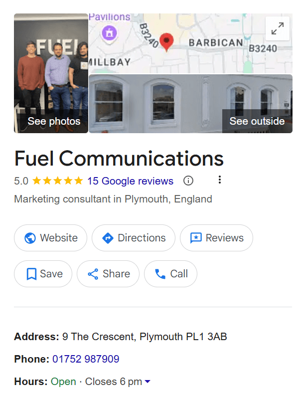 A screenshot of the Fuel Google Business profile