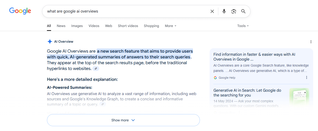 a screenshot of a google search for 'google ai overviews'